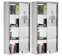 HOMCOM Lot de 2 Armoires à Pharmacie à 4 Niveaux, Porte Verre trempé, Symbole Croix, Acier Inoxydable brossé, 30L x 12l x 60H cm, Argenté