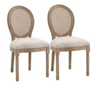 HOMCOM Lot de 2 Chaises de Salle à Manger Médaillon Style Louis XVI Crème | Chaise de Salon, Bois Massif Sculpté Patiné, Dossier Cannage, Aspect Lin