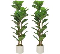 HOMCOM Lot de 2 plantes artificielles 120 cm Figuier lyre arbre artificiel avec pot en plastique et tronc en bois massif, vert