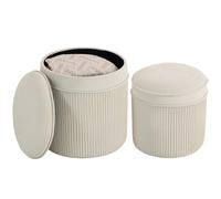 HOMCOM Lot de 2 poufs de rangement en velours, repose-pieds ronds gigognes avec couvercle amovible, Ø 36 et Ø 32 cm, crème