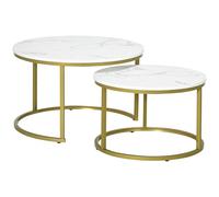 HOMCOM Lot de 2 tables basses gigognes rondes plateau MDF Blanc aspect marbre et pied en métal doré