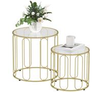 HOMCOM Lot de 2 tables basses gigognes rondes modernes avec cadre en métal et plateau en verre trempé, ton doré