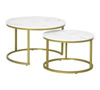 HOMCOM Lot de 2 tables basses gigognes rondes plateau MDF Blanc aspect marbre et pied en métal doré