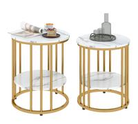 HOMCOM Lot de 2 tables basses rondes tables de salon effet marbre avec étagère de rangement ouverte et cadre en acier or