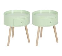 HOMCOM Lot de 2 Tables Basses Table de Chevet Ronde Tiroir Chêne Clair Vert | Design Scandinave, Bout de Canapé, Pieds Effilés Inclinés, Bois Massif