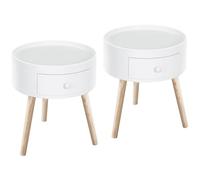 HOMCOM Lot de 2 Tables Basses - Table de Chevet - Table de Nuit Ronde - Design scandinave Table d'appoint Bout de canapé avec tiroir Pieds effilés inclinés Bois Massif chêne Clair Blanc
