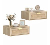 HOMCOM Lot de 2 Tables de Chevet Murales avec Tiroir 40 x 30 x 15 cm Chêne | Tables de Nuit Suspendues, Effet Rotin, Style Bohème, pour Chambre à Coucher