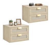 HOMCOM Lot de 2 Tables de Chevet Murales Suspendues 40x30x27,6cm Chêne | Tables de Nuit, 2 Tiroirs à Glissières Silencieuses, Façades à Effet Rotin, Style Bohème, Chambre à Coucher, Salon