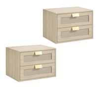 HOMCOM Lot de 2 Tables de Chevet Murales, Tables de Nuit Suspendues avec 2 Tiroirs et Plateau à Effet Rotin, Chêne