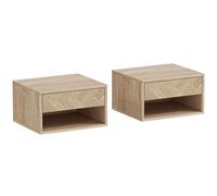 HOMCOM Lot de 2 tables de chevet murales, tables de nuit, tiroir, compartiment ouvert, plateau, 37 x 32 x 21 cm, bois naturel