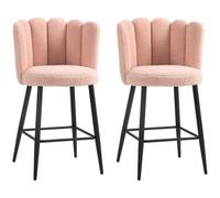 HOMCOM Lot de 2 Tabourets de Bar en Tissu Effet Laine Bou Acier Rose | Chaises de Bar, Assise Rembourrée 65 cm, Dossier Floral, Repose-Pieds, Chaises Hautes Cuisine, Salle à Manger