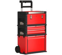 HOMCOM Lot de 3 boîtes à outils sur roulettes empilables et modulaires en acier avec plateau, poignées et serrure, rouge