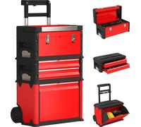 HOMCOM Lot de 3 boîtes à outils sur roulettes empilables et modulaires, servante d'atelier caisse à outil trolley en acier avec plateau, poignées et serrure, pour garage et entrepôt, rouge