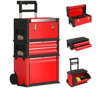 HOMCOM Lot de 3 Boîtes à Outils sur Roulettes Empilables Modulaires Rouge | Servante d'Atelier, Caisse à Outils sur Roulettes, Acier, Plateau, Poignées, Serrure, pour Garage, Entrepôt