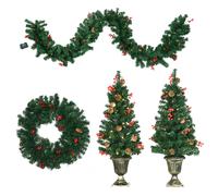 HOMCOM Lot de 4 pièces décoration de Noël lumineuse couronne 2 sapins et guirlande