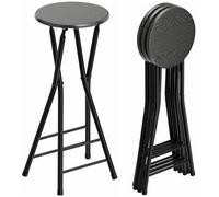 HOMCOM Lot de 4 tabourets de Bar pliants, tabourets de Cuisine Hauts Ronds avec 2 Repose-Pieds, Structure en Bois et Acier, chaises de Bar Hautes, pour îlot, Noir