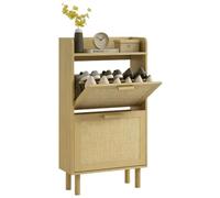 HomCom Meuble à chaussures 2 portes abattantes 12 paires effet résine tressée chêne 80×24,5×110 cm