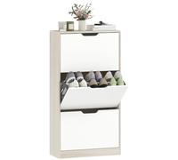 HOMCOM Meuble à Chaussures 12 Paires Étroite 62,5x26x117,5 cm Chêne Blanc | Armoire à Chaussures, 3 Tiroirs Rabattables, pour Couloir Entrée