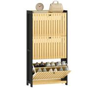 HomCom Meuble à chaussures étroit 18 paires – 3 tiroirs, portes bambou, 60x24x118 cm Noir/Bois
