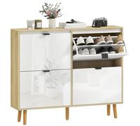 HOMCOM Meuble à Chaussures 20 Paires, Porte Haute Brillante, Armoire à Chaussures étroite avec 4 tiroirs rabattables et étagères réglables, Style Moderne, pour Couloir, entrée, 105x24x92,5cm, Blanc