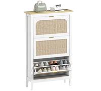 HOMCOM Meuble à Chaussures 21 Paires 3 Tiroirs 80x24x131cm Blanc | Armoire à Chaussures Étroite, Style Bohème, Portes Effet Rotin, Étagères Ajustables, pour Entrée et Couloir