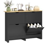 HOMCOM Meuble à Chaussures 16 Paires, Armoire à Chaussures étroite avec 4 tiroirs rabattables et étagères réglables, Style Moderne, pour Couloir, entrée, 105 x 26 x 80 cm, Noir et Bois Naturel