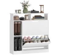 HOMCOM Meuble à Chaussures Armoire 2 Tiroirs Rabattables 89x25x92cm Blanc | Étroite, Compartiments Ouverts, Étagère Réglable, Couloir, Entrée