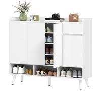 HOMCOM Meuble à chaussures au design sans poignées, 4 portes, 4 étagères réglables, meuble à chaussures indépendant avec 5 pieds en bois, bois, Blanc