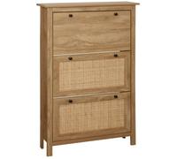 HOMCOM Meuble chaussure entrée, armoire à chaussures avec 3 tiroirs à portes abattants effet cannage rotin et étagère réglable, meuble d'entrée et couloir 18 paires - 80 x 23,5 x 121,5 cm bois naturel
