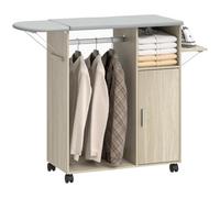 HOMCOM Meuble à Repasser sur roulettes 127 x 42,5 x 99 cm Bois Naturel | Table à Repasser Pliante, Porte, Repose-Fer, Barre Suspension, Étagère Réglable, Compartiment Ouvert, pour Chambre, Buanderie