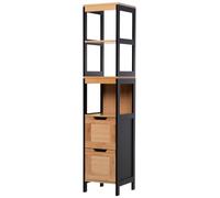 HOMCOM Meuble Colonne Rangement Salle de Bain 30L x 30l x 144H cm Noir | Style Cosy, 3 étagères, 2 tiroirs, Bambou