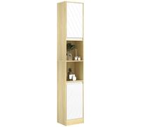 HOMCOM Meuble Colonne Salle de Bain à 6 Niveaux 30x24x170cm Chêne Blanc | Meuble de Rangement Étroit, 2 Portes, 2 Compartiments Ouverts, Étagère Réglable, pour Toilette, Petits Espaces