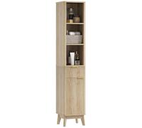 HOMCOM Meuble de Bain étroit Porte cannelée 33x30x170 cm Naturel | Tour de salle de bain, 1 tiroir, 3 compartiments ouverts, étagères réglables