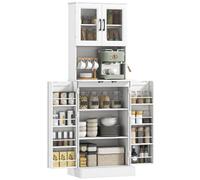 HOMCOM Meuble de Cuisine avec 4 Portes Plan de Travail 60x39.5x180 Blanc | Buffet, meuble haut, étagères réglables, 8 étagères de porte, trou pour câble, garde-manger moderne, salon, cuisine