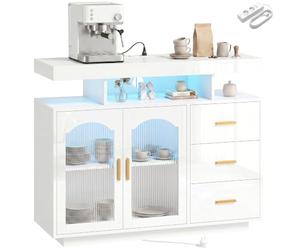HOMCOM Meuble de Cuisine avec LED, Prises 100x35x80 cm Blanc Brillant | Buffet, 3 tiroirs, 2 portes acryliques, meuble de rangement, fermeture amortie, pour cuisine, salle à manger