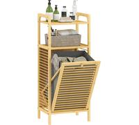 HOMCOM Meuble de rangement à linge en bambou, meuble de salle de bain avec étagère, panier à linge basculant, porte à lattes et sac de rangement amovible, 40 x 30 x 95 cm, effet bois naturel