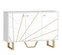 HOMCOM Meuble de rangement buffet salon avec 2 placards 3 portes et étagère réglable, pieds en métal, aspect marbre blanc