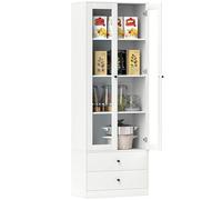 Buffet haut vitrine armoire de cuisine - 2 portes, 3 étagères, 2 tiroirs - 59 x 30 x 164 cm - blanc Blanc G