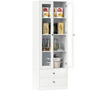 Buffet haut vitrine armoire de cuisine - 2 portes, 3 étagères, 2 tiroirs - 59 x 30 x 164 cm - blanc Blanc G