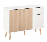 HOMCOM Buffet Design scandinave 2 placards tiroir Coulissant Pieds Bois Massif pin Panneaux Particules Blanc chêne Clair