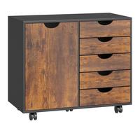 HOMCOM Meuble de rangement pour bureau 5 tiroirs 1 porte étagère réglable, support imprimante roulettes, 78x40x66,5 cm, marron