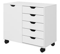 HOMCOM Meuble de rangement pour bureau 5 tiroirs 1 porte étagère réglable, support imprimante roulettes, 78x40x66,5 cm, blanc