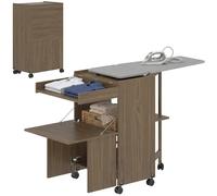 HOMCOM Meuble de repassage pliable avec roulettes et porte-fer à repasser, meuble de repassage multifonctions avec étagères, compartiment ouvert, pour buanderie, salle de bain, 154x55x87 cm, Marron