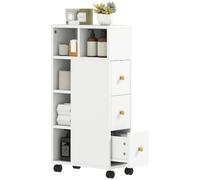 HOMCOM Meuble de Salle de Bain à roulettes 3 Tiroirs 20x40x80cm Blanc | Meuble de Rangement Étroit, Armoire à 5 Compartiments Ouverts, Étagères Ajustables, pour Salon et Petits Espaces