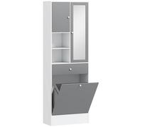 HOMCOM Meuble de salle de bain avec panier à linge et miroir étagère réglable 62 x 28,3 x 181 cm gris et blanc