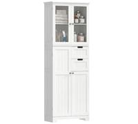 HOMCOM Meuble de Salle de Bain Haut 4 Portes 2 Tiroirs 60x30x170cm Blanc | Meuble de Rangement, Colonne Salle de Bain, 2 Portes Vitrées, Étagères Réglables, Style Moderne, pour Salon, Chambre