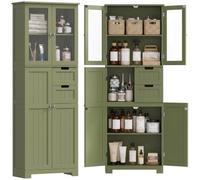 HOMCOM Meuble de Salle de Bain Haut Meuble de Rangement 60x30x170cm Vert | Colonne Salle de Bain, 4 Portes dont 2 Vitrées, 2 Tiroirs, Étagères Réglables, Style Moderne, pour Salon, Chambre