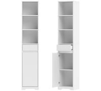 HOMCOM Meuble de salle de bain haut, meuble de rangement avec porte, tiroir, compartiments ouverts, étagère réglable, blanc