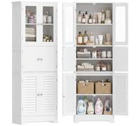 Meuble de salle de bain - HOMCOM - 6 portes dont 2 vitrées et 2 persiennes, étagère réglable - bois - 60x30x170,5cm - blanc