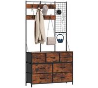 HOMCOM Meuble d'Entrée 4 en 1 Portemanteau Vestiaire Noir Brun Rustique | 7 Tiroirs Pliables en Tissu, 14 Crochets, Style Industriel, pour Couloir Entrée Chambre